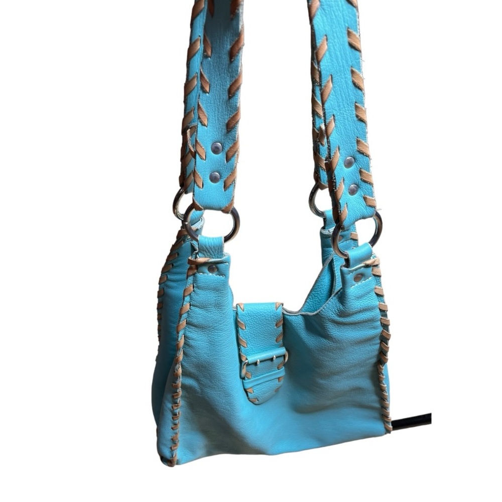 Carla Mancini open stitch leather braid through string blue leather slouch bag - Picture 12 of 12